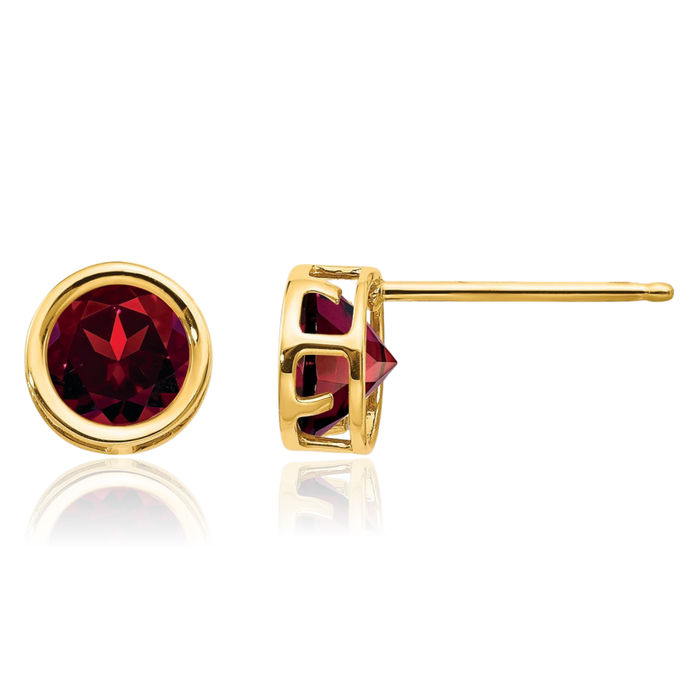 14K Solid Yellow Gold 5mm Red Garnet Studs Gemstone Solitaire Earrings January Birthstone Jewelry