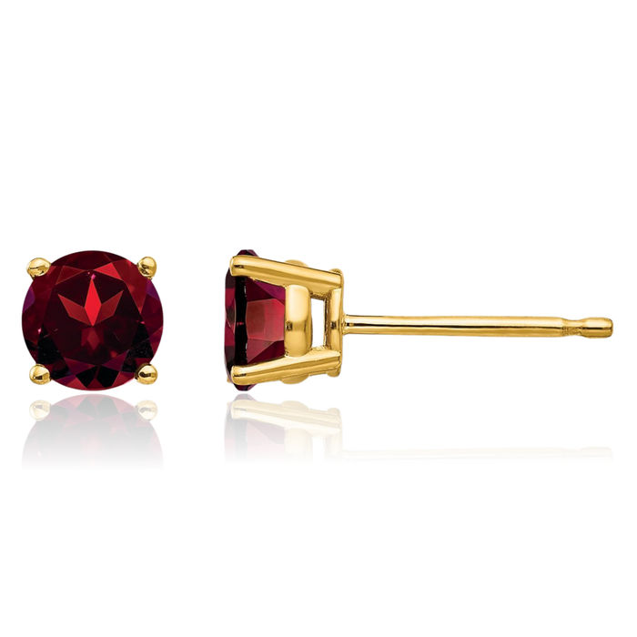 14K Solid Yellow Gold 5mm Red Garnet Studs Gemstone Solitaire Earrings January Birthstone Jewelry