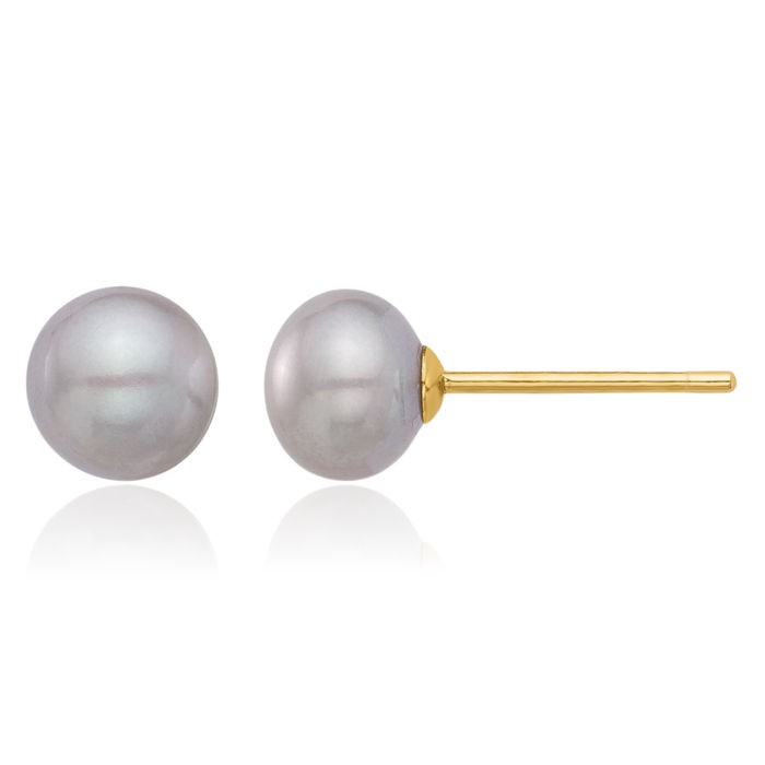 14K Solid Yellow Gold 5mm Grey Button Freshwater Cultured Pearl Stud Earrings