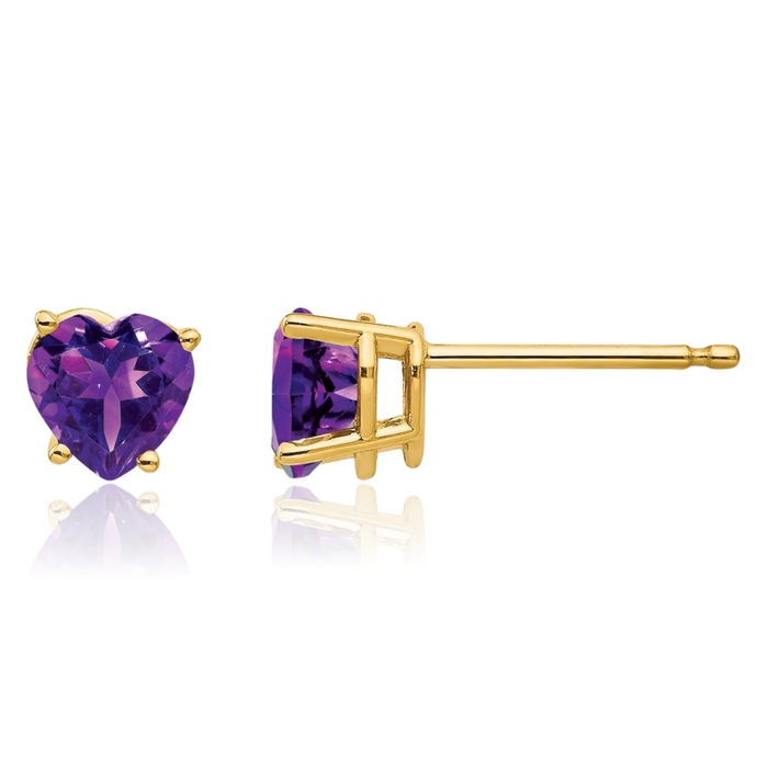 14K Solid Yellow Gold 5mm Heart Purple Amethyst Studs Gemstone Earrings February Birthstone Jewelry