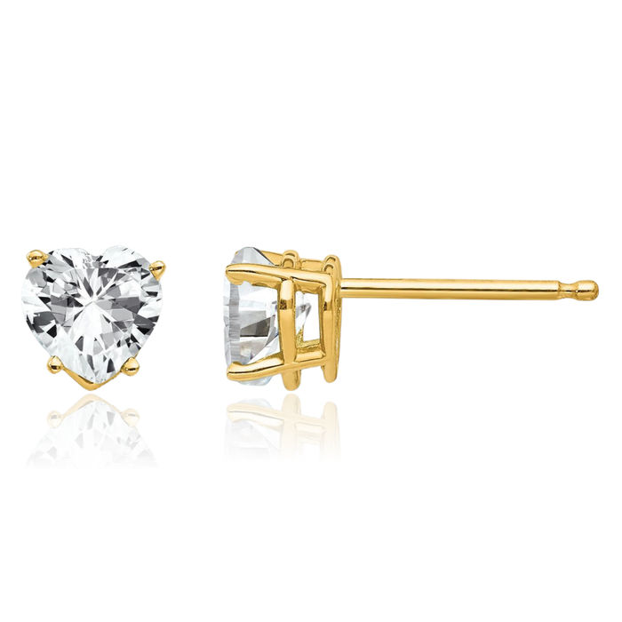 14K Solid Yellow Gold 5mm Heart Cubic Zirconia CZ Stud Earrings April Birthstone Jewelry