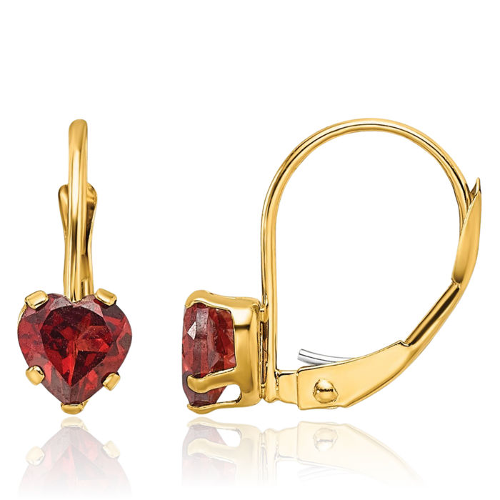 14K Solid Yellow Gold 5mm Heart Red Garnet Drop Dangle Earrings Gemstone January Birthstone Jewelry