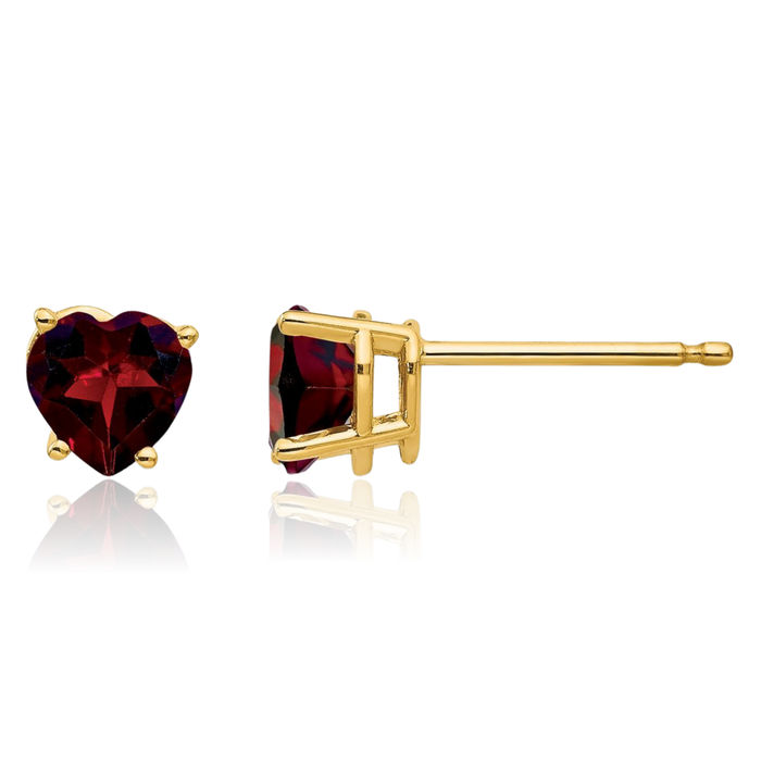 14K Solid Yellow Gold 5mm Heart Red Garnet Studs Gemstone Earrings January Birthstone Jewelry