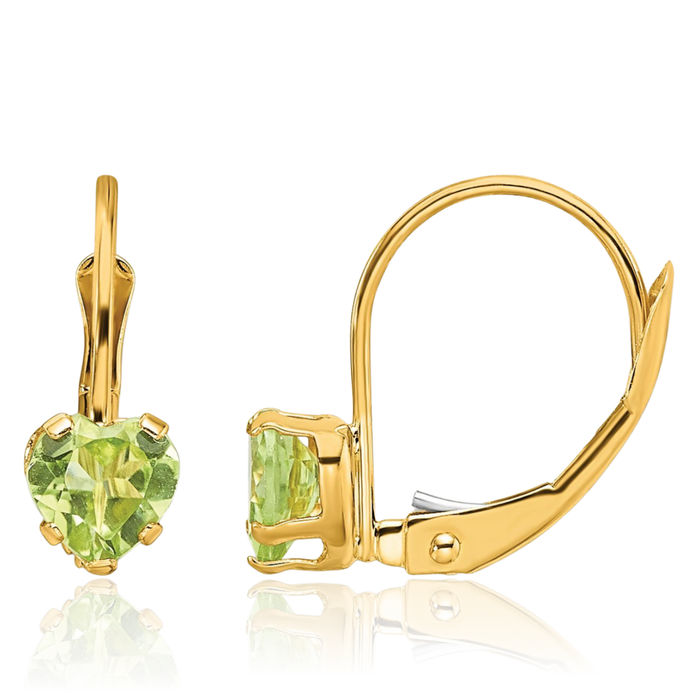 14K Solid Yellow Gold 5mm Heart Green Peridot Drop Dangle Earrings Gemstone