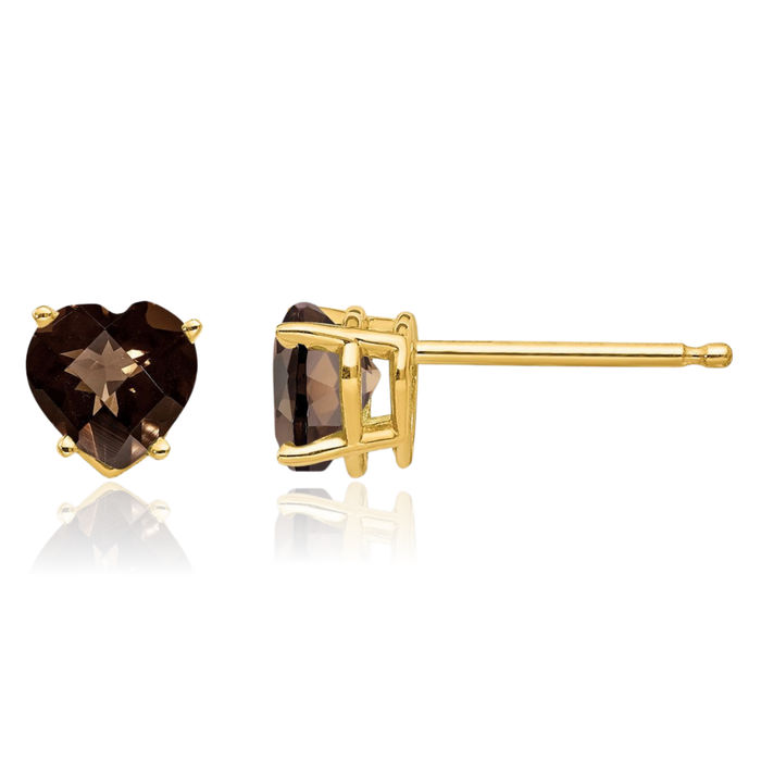 14K Solid Yellow Gold 5mm Heart Checker Cut Brown Smoky Quartz Studs Gemstone Earrings June Birthstone Jewelry