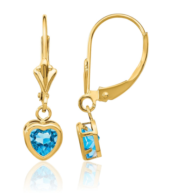 14K Solid Yellow Gold 5mm Heart Swiss Blue Topaz Drop Dangle Earrings Gemstone December Birthstone Jewelry