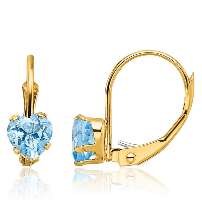 14K Solid Yellow Gold 5mm Heart Swiss Blue Topaz Drop Dangle Earrings Gemstone December Birthstone Jewelry