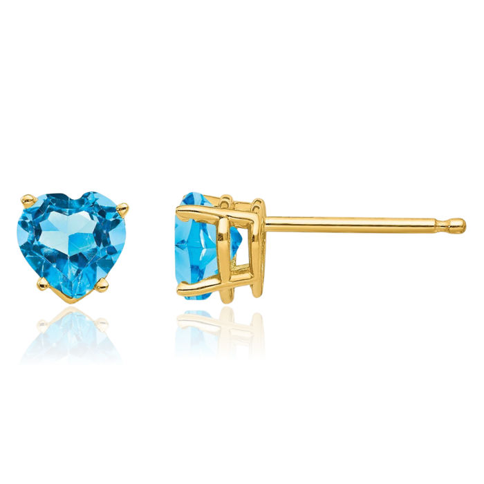 14K Solid Yellow Gold 5mm Heart Swiss Blue Topaz Studs Gemstone Earrings December Birthstone Jewelry