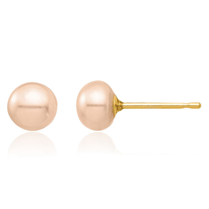 14K Solid Yellow Gold 5mm Pink Button Freshwater Cultured Pearl Stud Earrings Silicone Backs