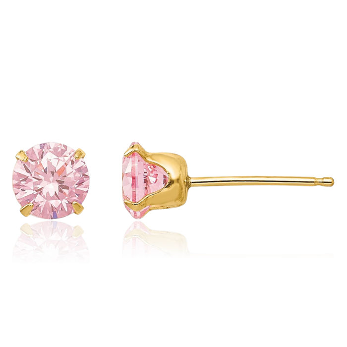 14K Solid Yellow Gold 5mm Pink Cubic Zirconia CZ Stud Earrings