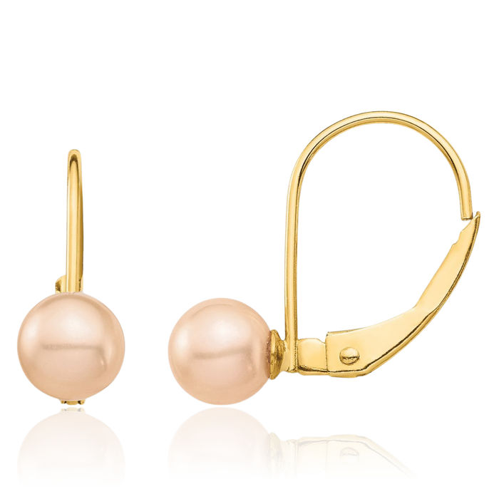 14K Solid Yellow Gold 5mm Pink Round Freshwater Cultured Pearl Drop Dangle Earrings