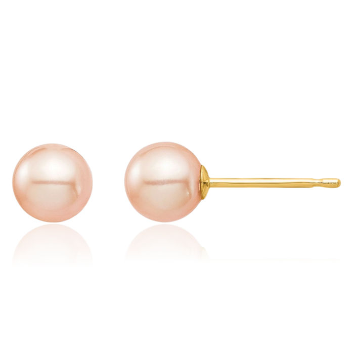 14K Solid Yellow Gold 5mm Pink Round Freshwater Cultured Pearl Stud Earrings Silicone Backs