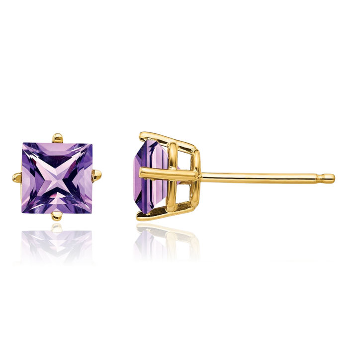 14K Solid Yellow Gold 5mm Princess-Cut Square Purple Amethyst Studs Gemstone Solitaire Earrings February Birthstone Jewelry