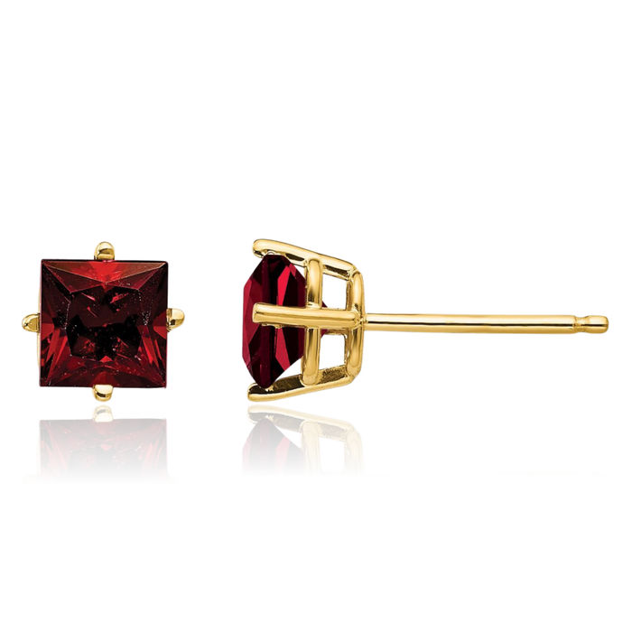 14K Solid Yellow Gold 5mm Princess-Cut Square Red Garnet Studs Gemstone Solitaire Earrings January Birthstone Jewelry