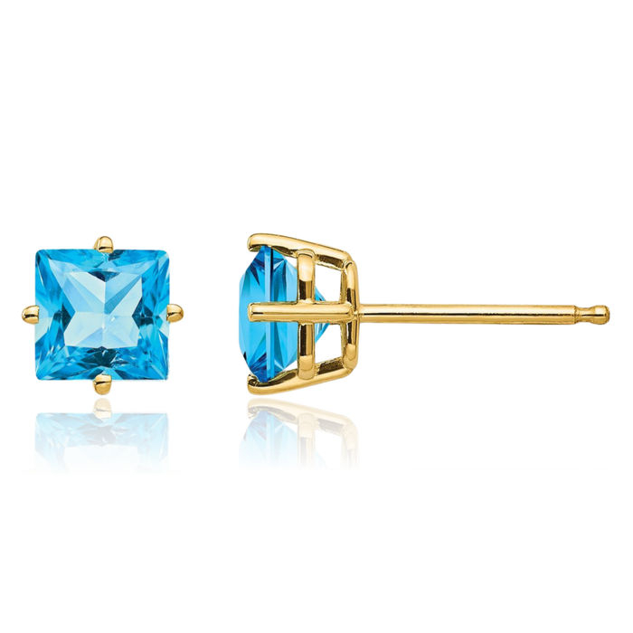 14K Solid Yellow Gold 5mm Princess-Cut Square Swiss Blue Topaz Studs Gemstone Solitaire Earrings December Birthstone Jewelry