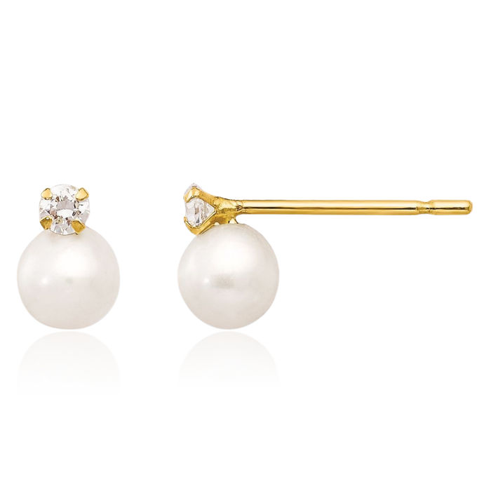 14K Solid Yellow Gold 5mm Round Freshwater Cultured Pearl Cubic Zirconia CZ Stud Earrings