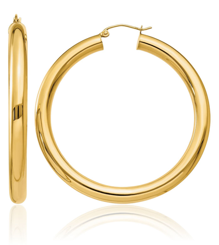 14K Solid Yellow Gold 5mm Tube Round Large Hoop Earrings