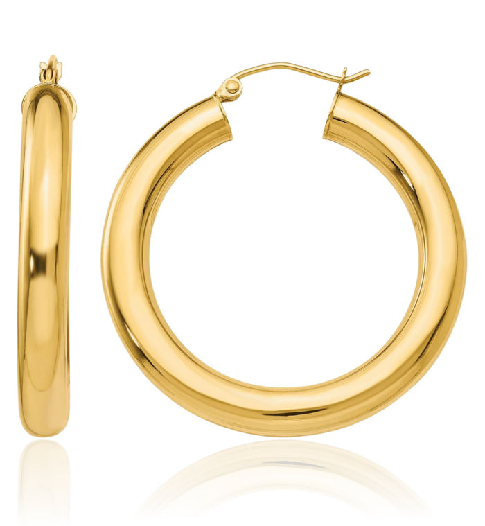 14K Solid Yellow Gold 5mm Tube Round Medium Hoop Earrings