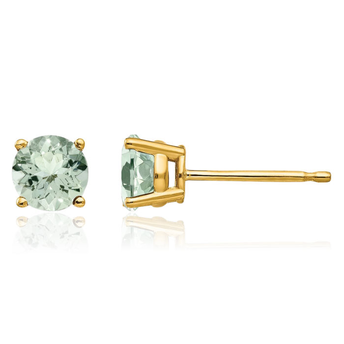 14K Solid Yellow Gold 5mm Round Green Quartz Studs Gemstone Solitaire Earrings August Birthstone Jewelry