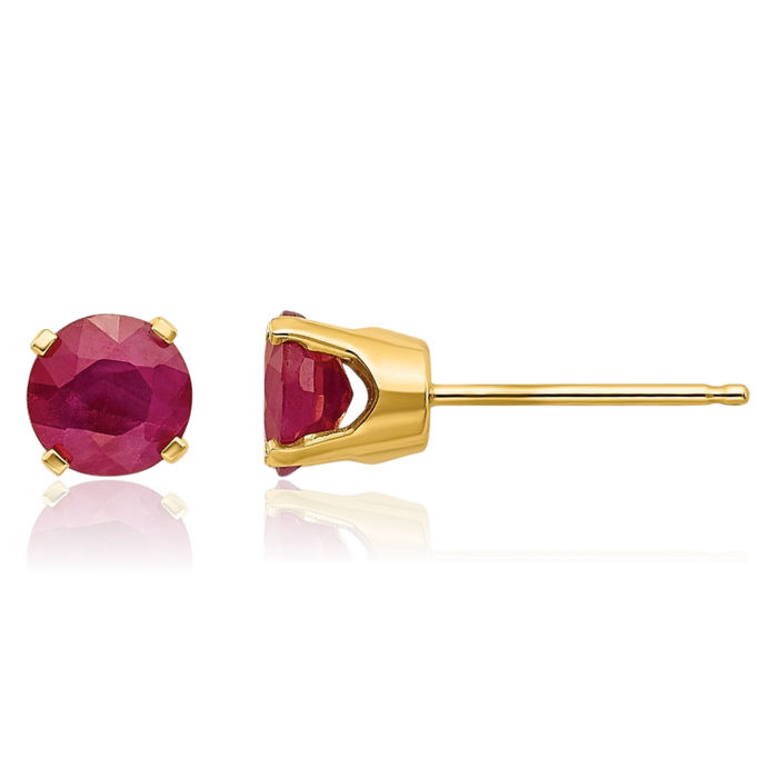 14K Solid Yellow Gold 5mm Red Ruby Post Studs Gemstone Solitaire Earrings July Birthstone Jewelry