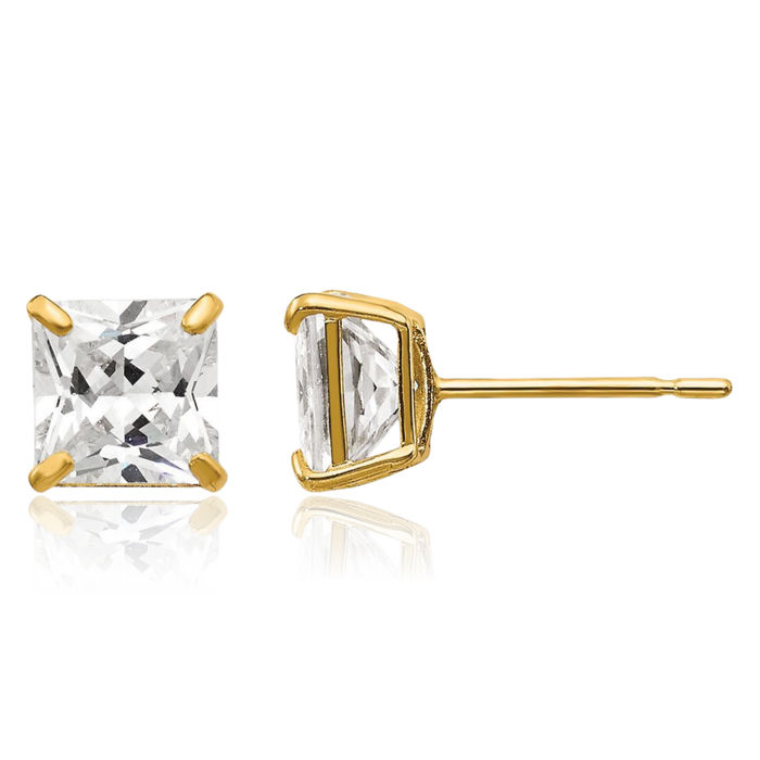 14K Solid Yellow Gold 5mm Square Cubic Zirconia CZ Stud Earrings