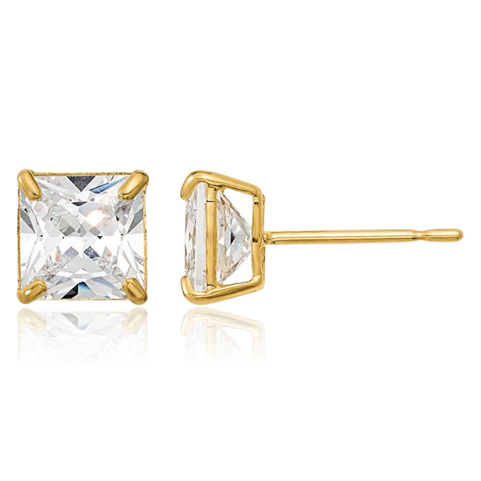 14K Solid Yellow Gold 5mm Square Cubic Zirconia CZ Stud Earrings