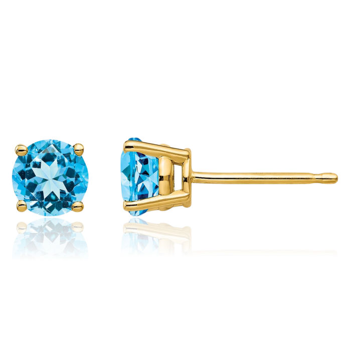 14K Solid Yellow Gold 5mm Swiss Blue Topaz Studs Gemstone Solitaire Earrings December Birthstone Jewelry