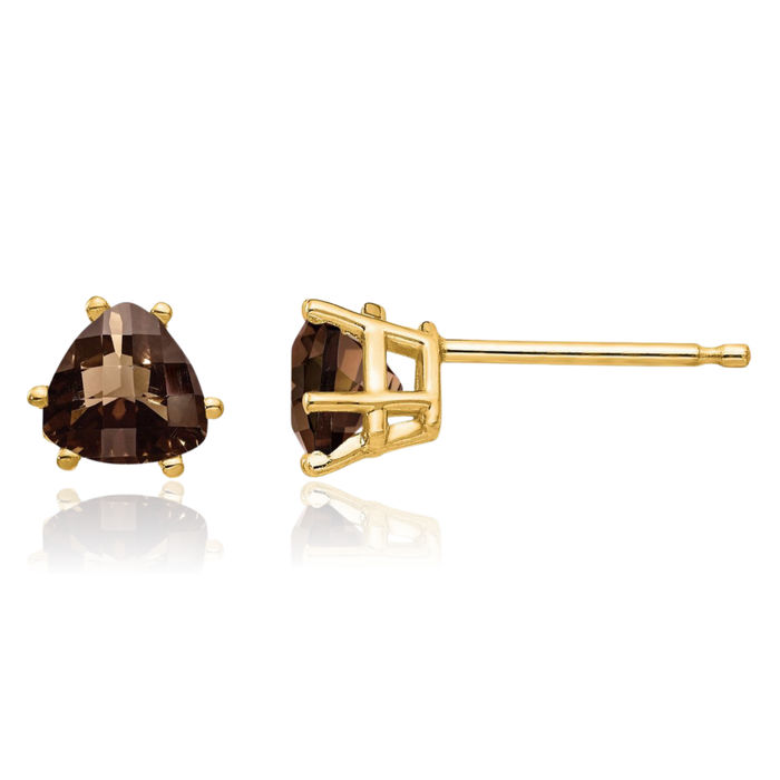 14K Solid Yellow Gold 5mm Trillion Checker Cut Brown Smoky Quartz Studs Gemstone Solitaire Earrings June Birthstone Jewelry