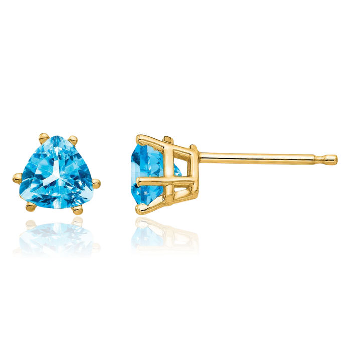 14K Solid Yellow Gold 5mm Trillion Swiss Blue Topaz Studs Gemstone Solitaire Earrings December Birthstone Jewelry