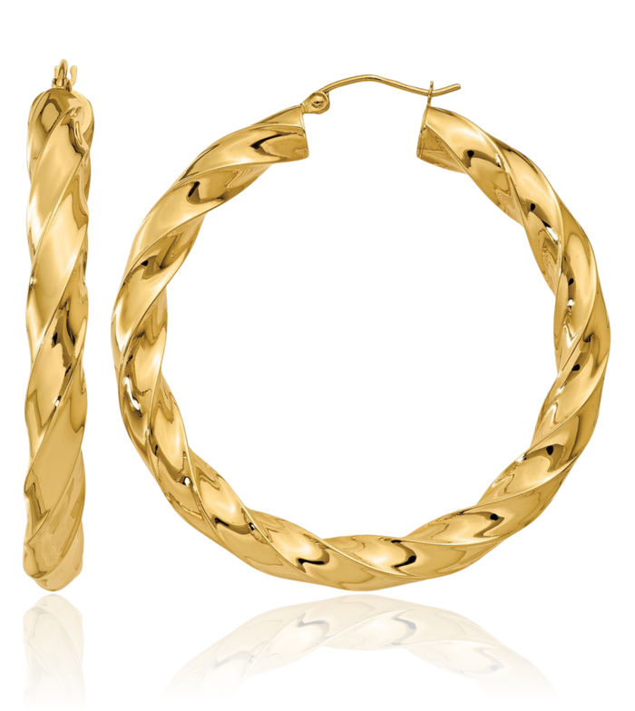 14K Solid Yellow Gold 5mm Twisted Round Large Hoop Earrings