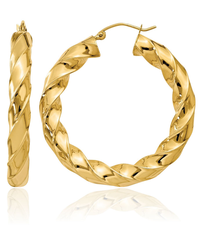 14K Solid Yellow Gold 5mm Twisted Round Medium Hoop Earrings