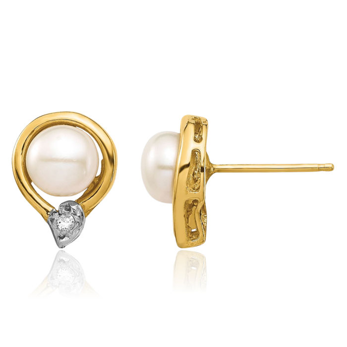 14K Solid Yellow Gold 5mm White Button Freshwater Cultured Pearl Diamond Stud Earrings