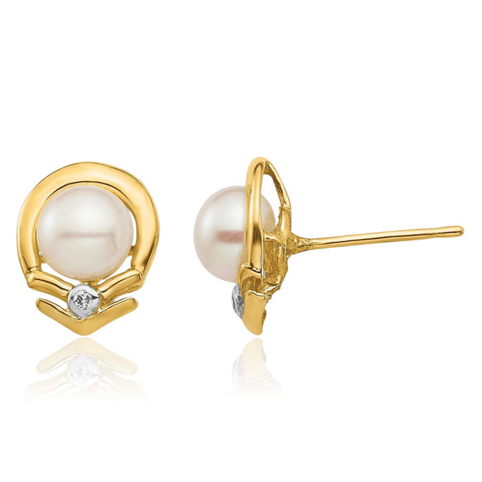 14K Solid Yellow Gold 5mm White Button Freshwater Cultured Pearl Diamond Stud Earrings