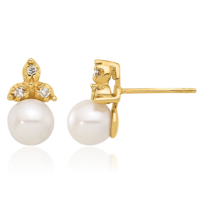 14K Solid Yellow Gold 5mm White Button Freshwater Cultured Pearl Diamond Stud Earrings