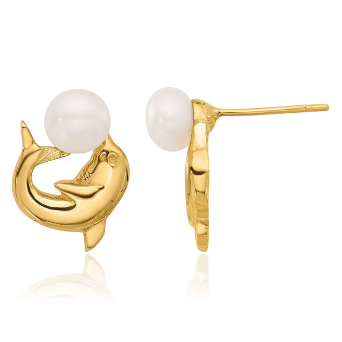 14K Solid Yellow Gold 5mm White Button Freshwater Cultured Pearl Sea Dolphin Ocean Fish Beach Nautical Stud Earrings