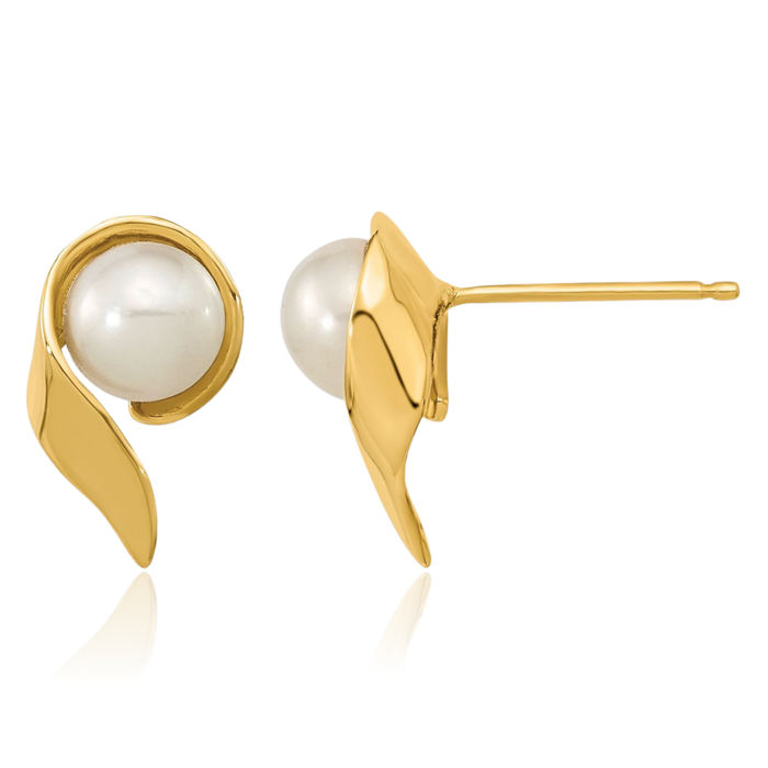 14K Solid Yellow Gold 5mm White Button Freshwater Cultured Pearl Stud Earrings