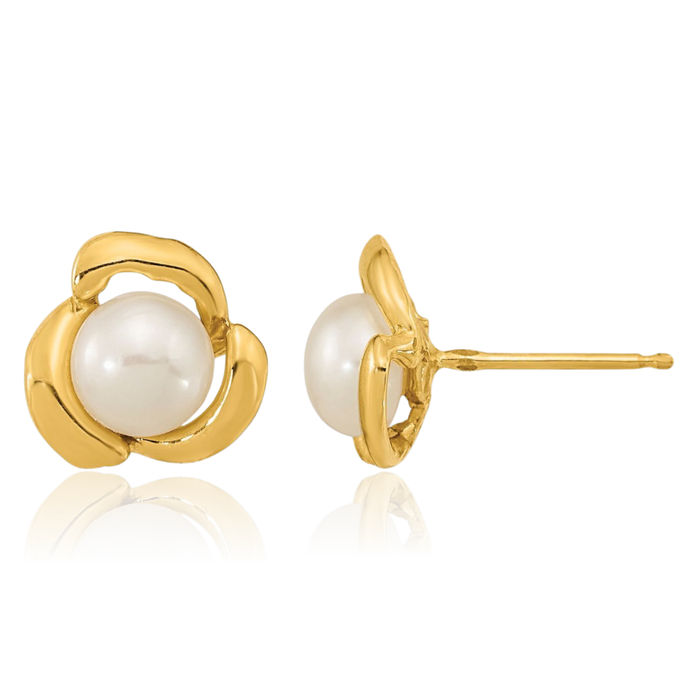 14K Solid Yellow Gold 5mm White Button Freshwater Cultured Pearl Stud Earrings