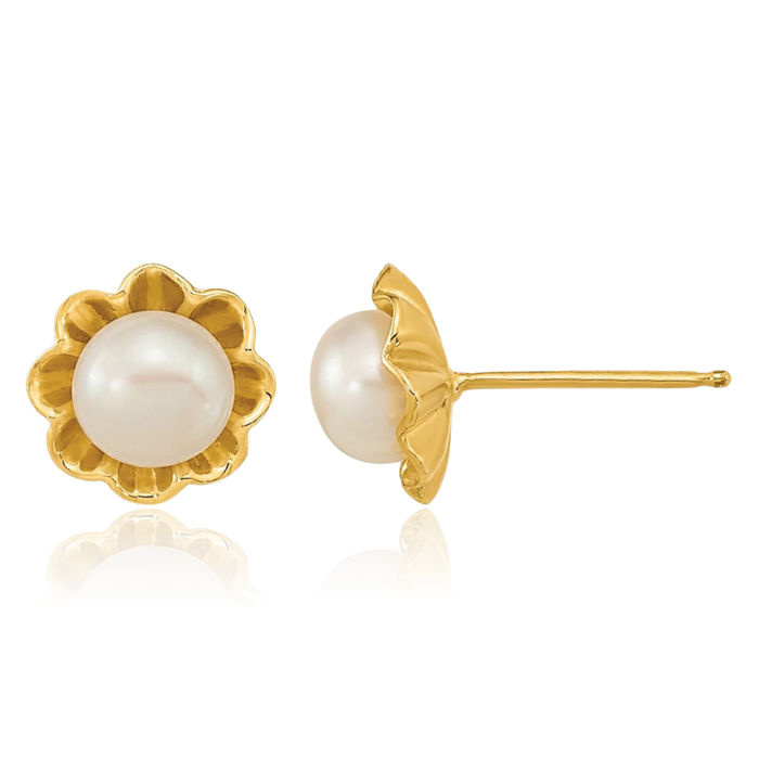 14K Solid Yellow Gold 5mm White Button Freshwater Cultured Pearl Stud Earrings