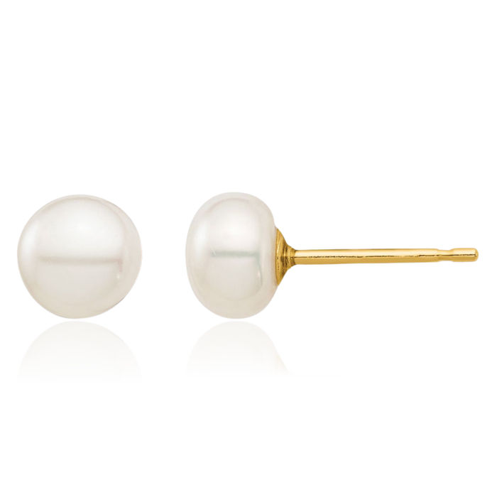 14K Solid Yellow Gold 5mm White Button Freshwater Cultured Pearl Stud Earrings Silicone Backs