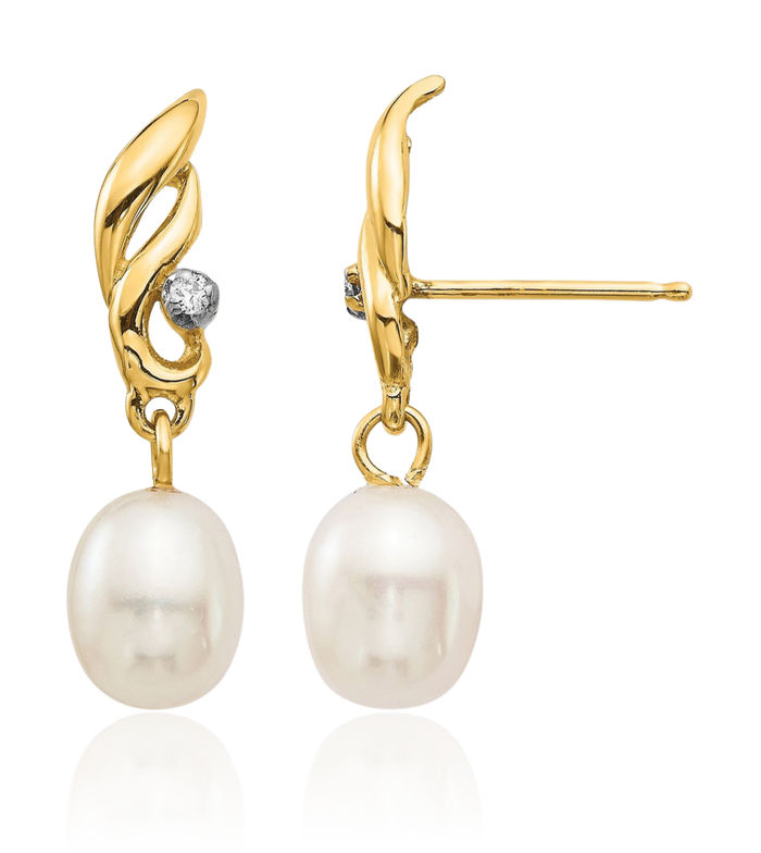 14K Solid Yellow Gold 5mm White Rice Freshwater Cultured Pearl Diamond Post Drop Dangle Earrings