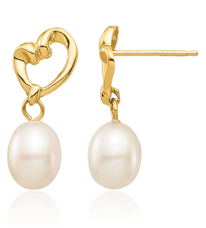 14K Solid Yellow Gold 5mm White Rice Freshwater Cultured Pearl Heart Drop Dangle Earrings