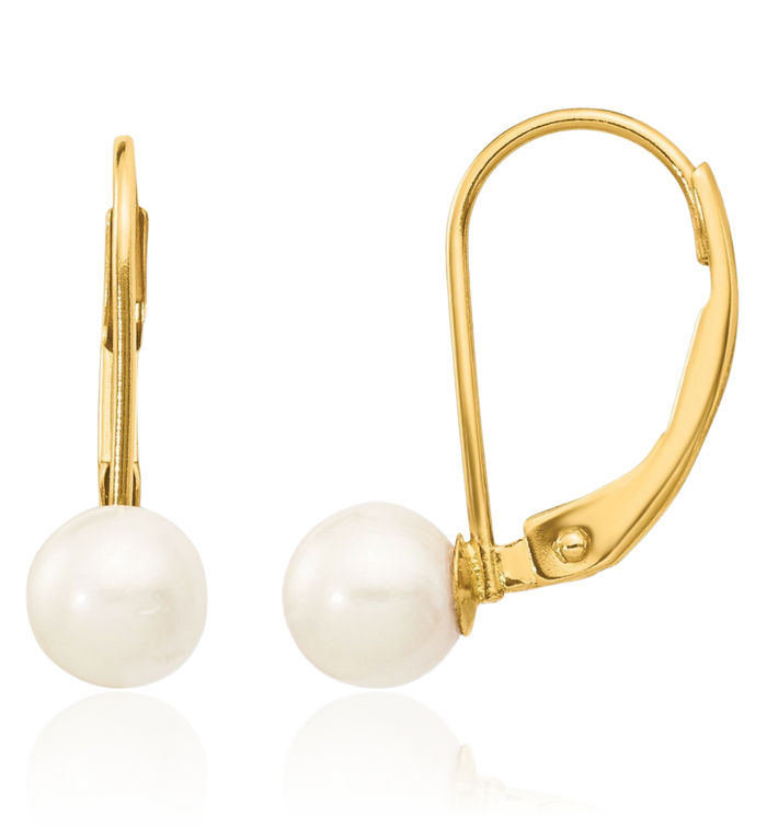 14K Solid Yellow Gold 5mm White Round Akoya Saltwater Cultured Pearl Drop Dangle Earrings Gemstone