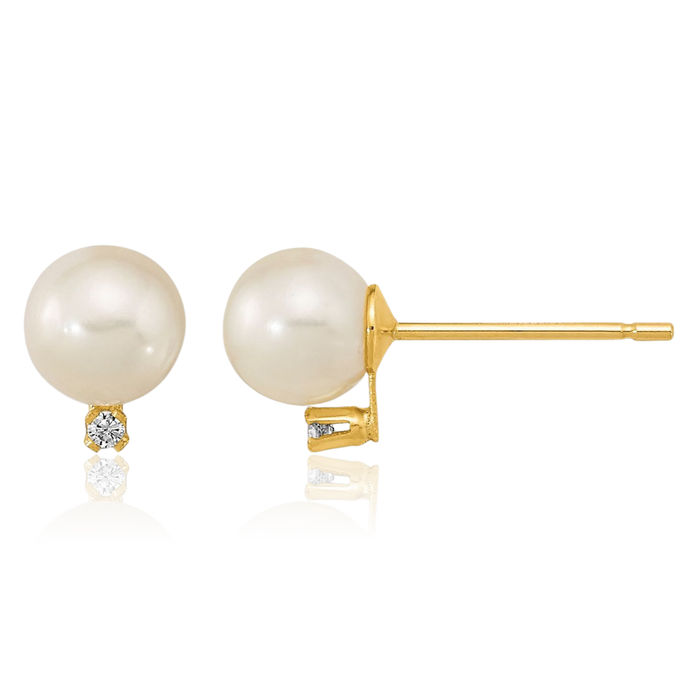 14K Solid Yellow Gold 5mm White Round Freshwater Cultured Pearl Cubic Zirconia CZ Stud Earrings