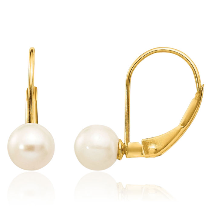 14K Solid Yellow Gold 5mm White Round Freshwater Cultured Pearl Drop Dangle Earrings Gemstone