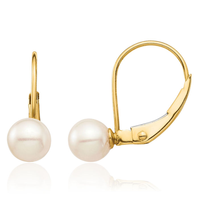 14K Solid Yellow Gold 5mm White Round Freshwater Cultured Pearl Drop Dangle Earrings