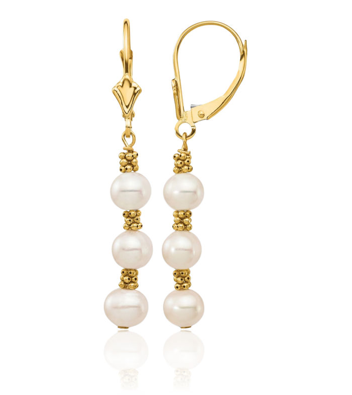 14K Solid Yellow Gold 5mm White Round Freshwater Cultured Pearl Drop Dangle Earrings Gemstone