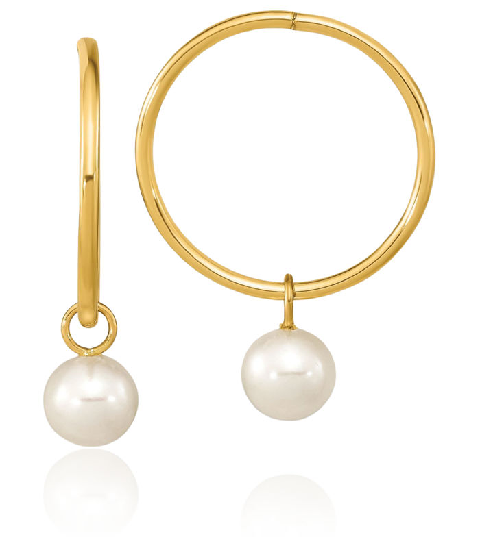 14K Solid Yellow Gold 5mm White Round Freshwater Cultured Pearl Drop Dangle Medium Endless Hoop Earrings