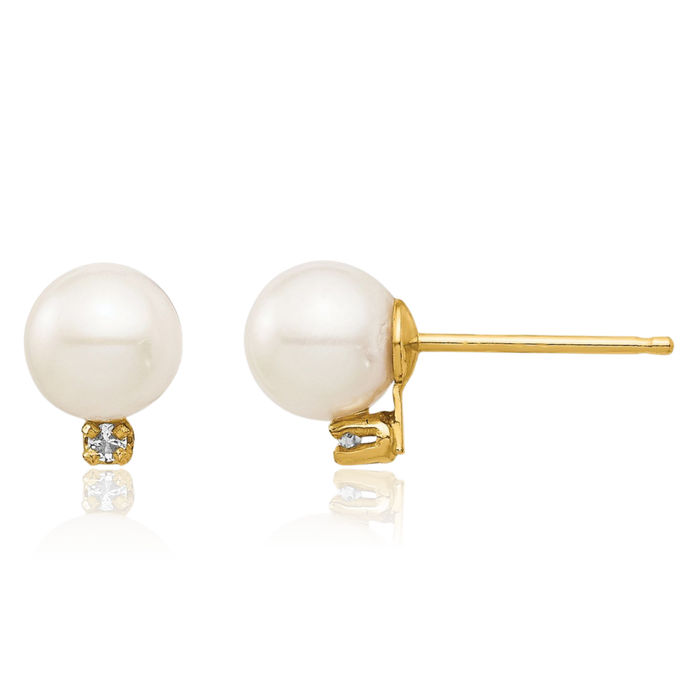 14K Solid Yellow Gold 5mm White Round Freshwater Cultured Pearl Diamond Stud Earrings Silicone Backs