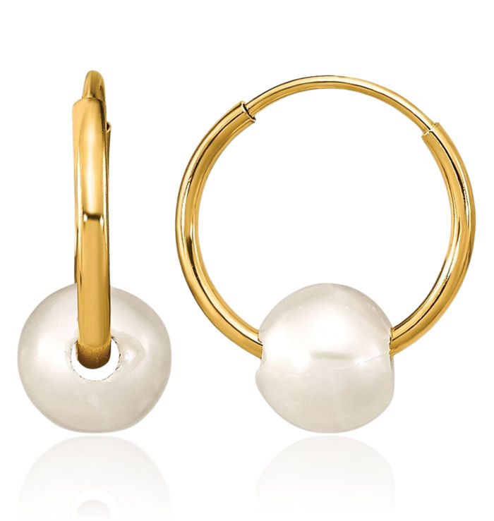 14K Solid Yellow Gold 5mm White Round Freshwater Cultured Pearl Huggie Endless Small Hoop Earrings