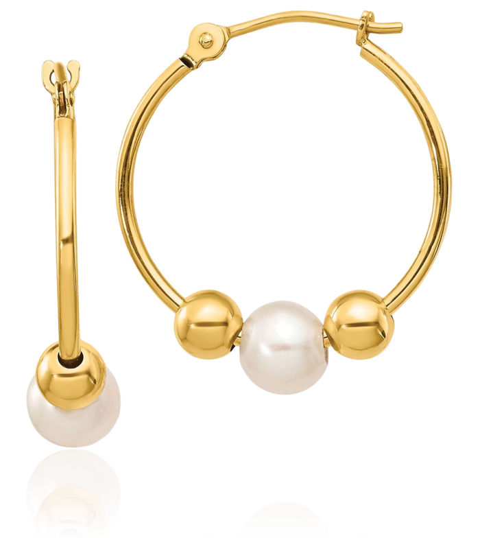 14K Solid Yellow Gold 5mm White Round Freshwater Cultured Pearl Medium Hoop Drop Dangle Earrings